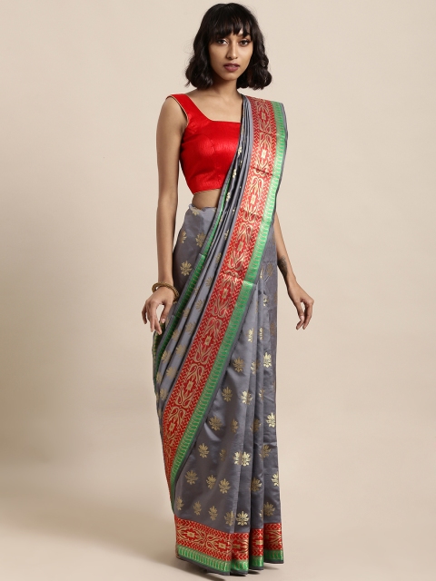 

Satrani Grey & Red Poly Silk Woven Design Kanjeevaram Saree