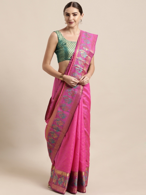 

Satrani Pink & Green Poly Silk Woven Design Banarasi Saree