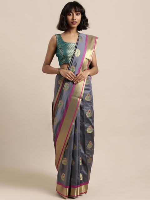 

Satrani Grey & Pink Poly Silk Woven Design Kanjeevaram Saree