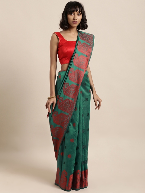 

Satrani Olive Green & Maroon Poly Silk Woven Design Banarasi Saree