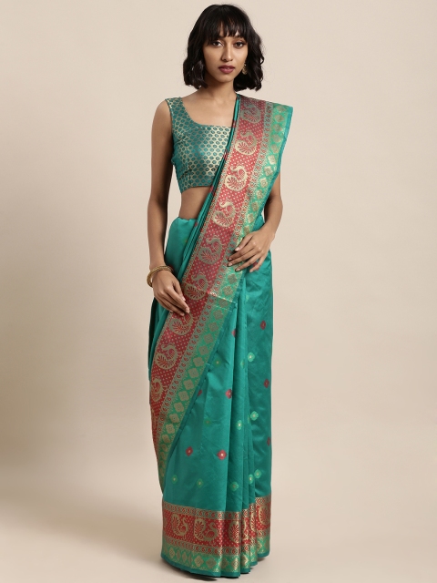 

Satrani Turquoise Blue & Maroon Poly Silk Woven Design Kanjeevaram Saree