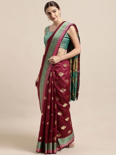 

Satrani Maroon & Gold-Toned Poly Silk Woven Design Kanjeevaram Saree