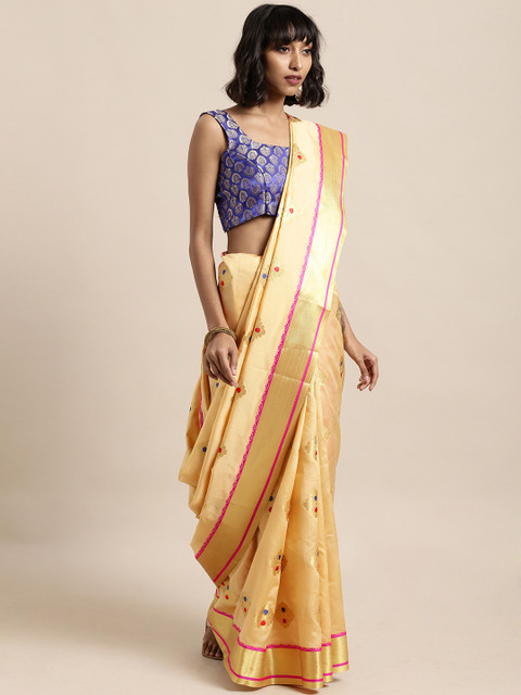 

Satrani Beige & Pink Poly Silk Woven Design Kanjeevaram Saree