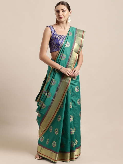 

Satrani Turquoise Blue & Maroon Poly Silk Woven Design Kanjeevaram Saree