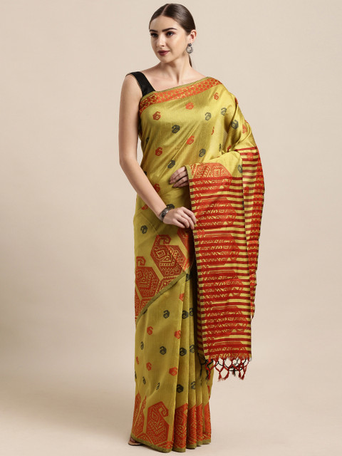 

Satrani Lime Green & Red Poly Silk Woven Design Banarasi Saree