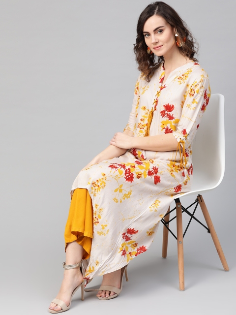 

La Firangi Women Off-White & Mustard Yellow Printed Kurta with Palazzos