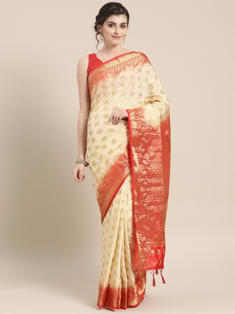 

Chhabra 555 Cream-Coloured & Golden Zari Woven Design Mysore Silk Saree