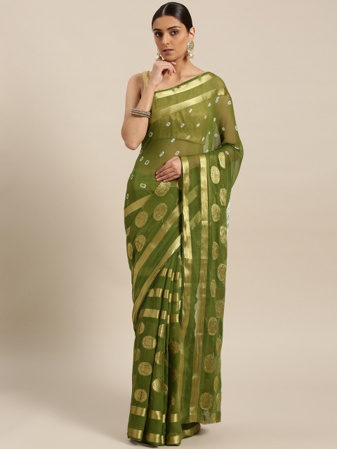 

Chhabra 555 Green & Golden Zari Woven Design Leheriya Saree