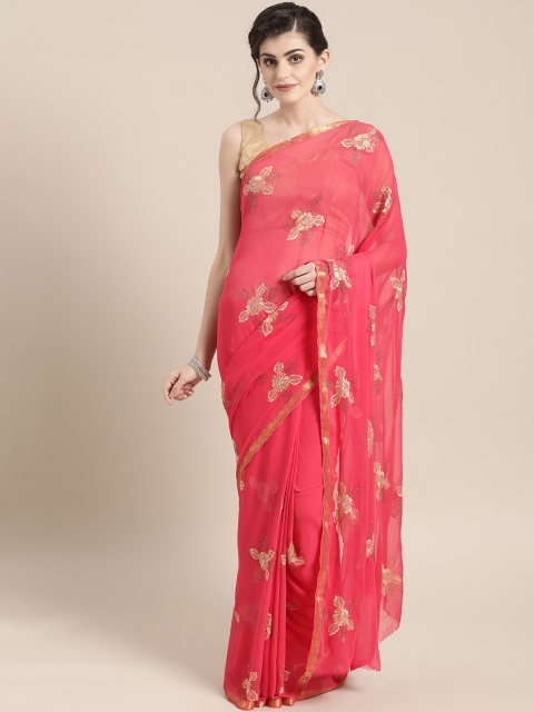

Chhabra 555 Coral Pink Zari Resham Embroidered Saree
