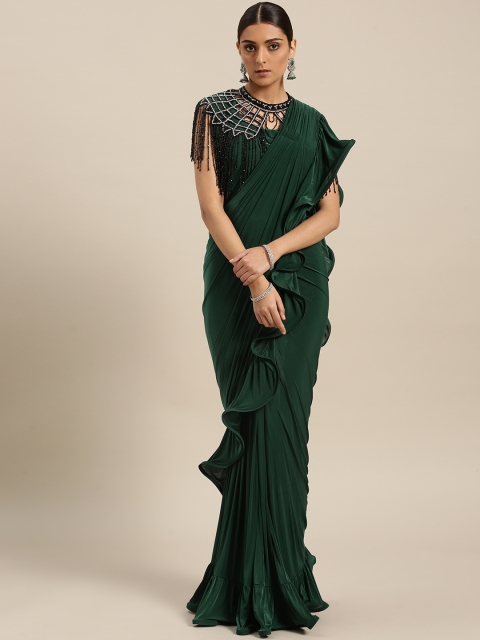 

Chhabra 555 Green Solid Ruffled Ready to Wear Saree