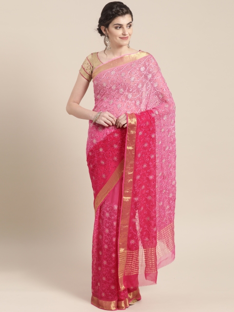 

Chhabra 555 Pink Embroidered Half & Half Bandhej Saree