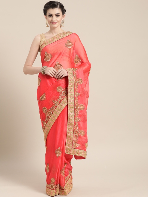 

Chhabra 555 Coral Pink & Golden Embellished Saree
