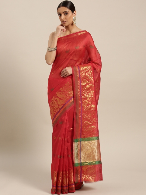 

Chhabra 555 Red & Golden Zari Woven Design Brocade Chanderi Saree