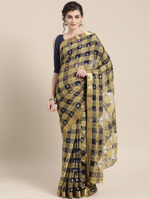 

Chhabra 555 Navy Blue & Beige Checked Bandhani Saree