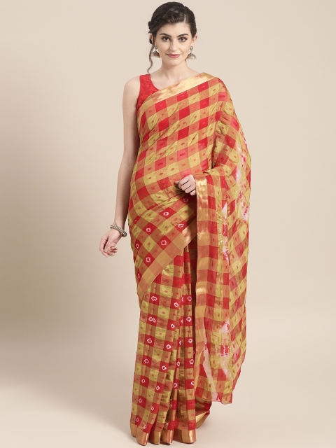

Chhabra 555 Red & Beige Checked Bandhani Saree