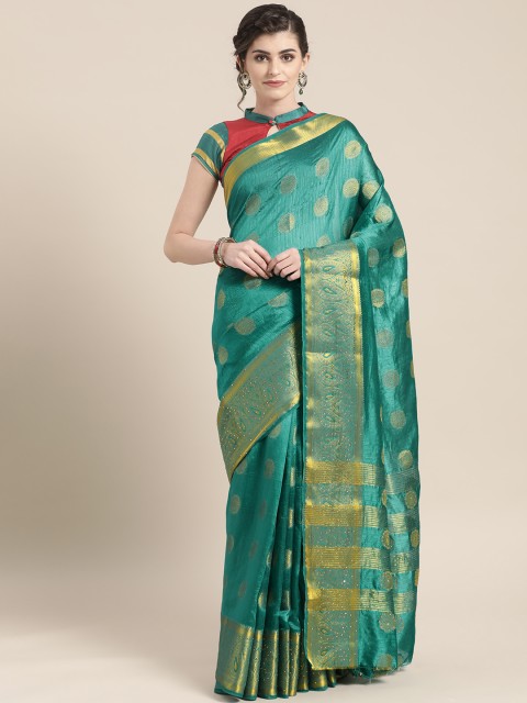 

Chhabra 555 Teal Green & Golden Meenakari Woven Design Kanjeevaram Saree