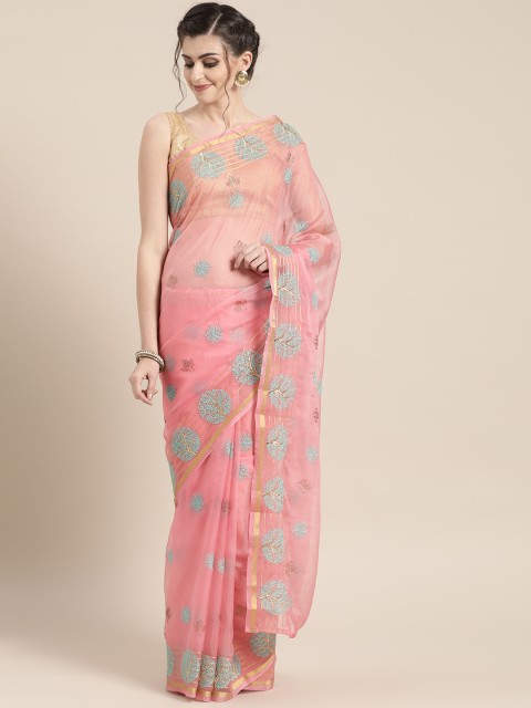 

Chhabra 555 Pink & Blue Organza Kasab Embroidered Kota Saree