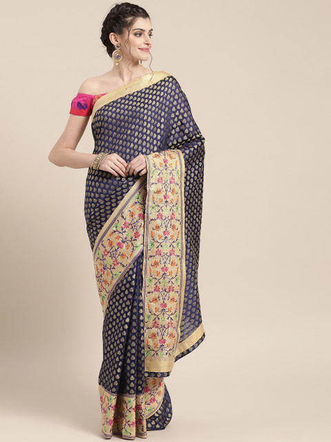 

Chhabra 555 Navy Blue & Golden Zari Embroidered Chanderi Saree