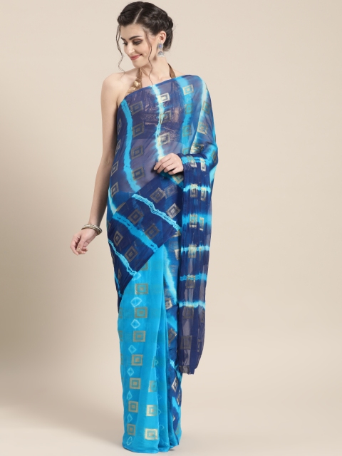 

Chhabra 555 Blue & Golden Zari Woven Design Dyed Bandhani Saree