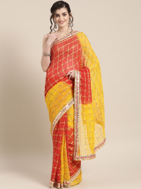 

Chhabra 555 Yellow & Red Checked Bandhani Saree