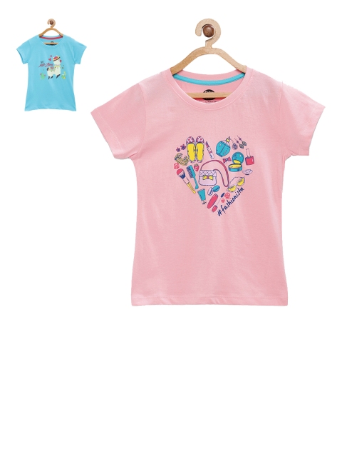 

Cub McPaws Girls Pack of 2 Printed Round Neck T-shirts, Pink