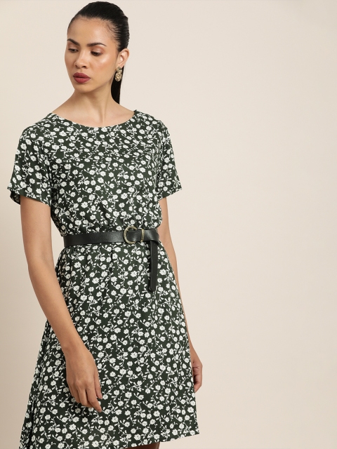 

her by invictus Women Green & White Floral Printed A-Line Dress