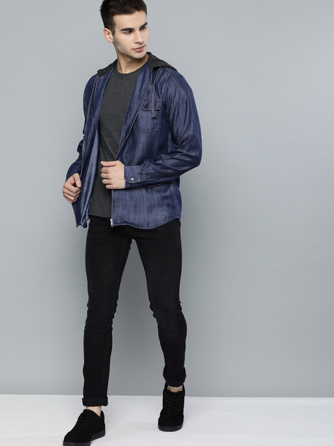 

Harvard Men Blue Regular Fit Solid Chambray Casual Shacket