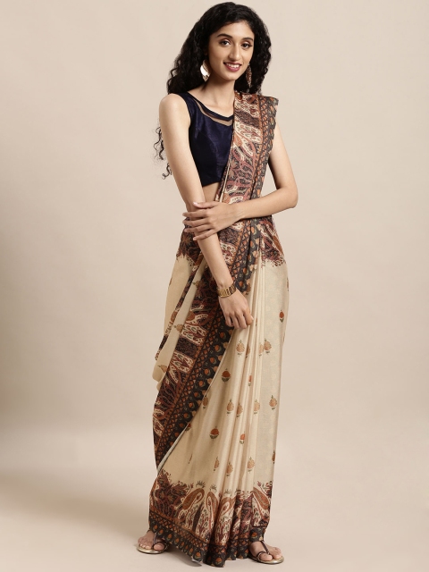 

Mitera Beige Printed Poly Crepe Saree