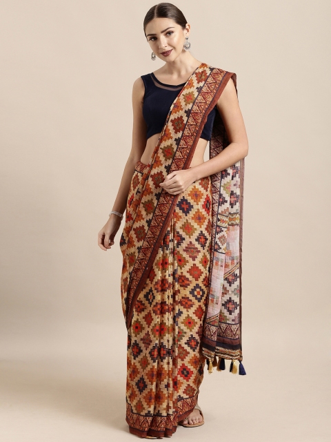 

Mitera Beige & Brown Poly Crepe Printed Saree