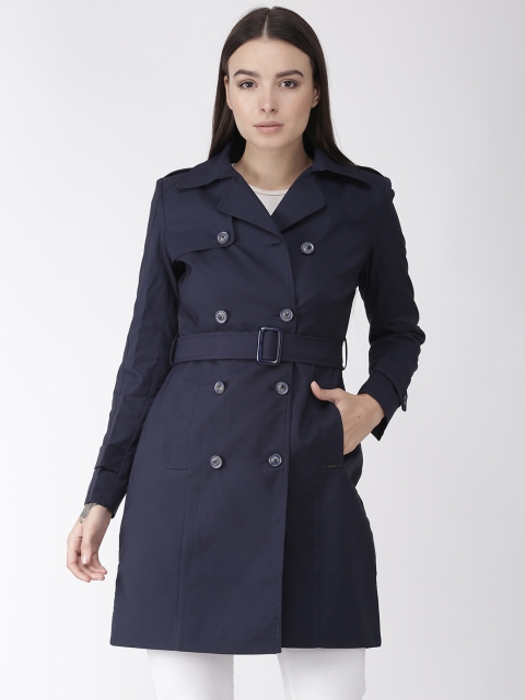 

Okane Women Navy Blue Solid Double-Breasted Trench Coat