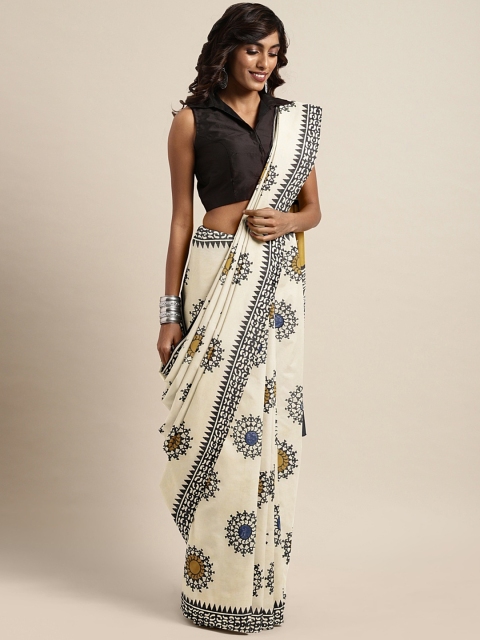 

Kalakari India Beige & Black Pure Cotton Hand Block Printed Dabu Saree