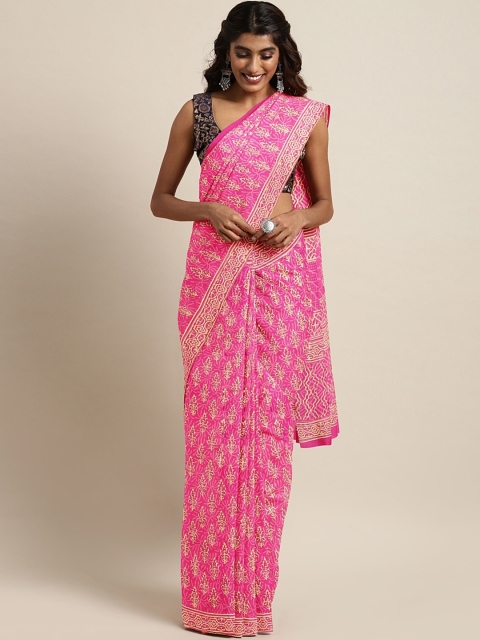 

Kalakari India Pink & Cream-Coloured Dabu Handblock Print Handcrafted Bagru Saree