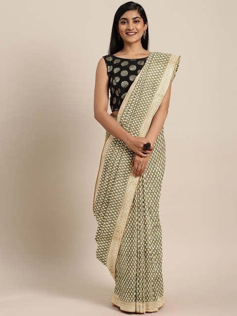 

Kalakari India Olive Green & Beige Dabu Handblock Print Handloom Bagru Saree