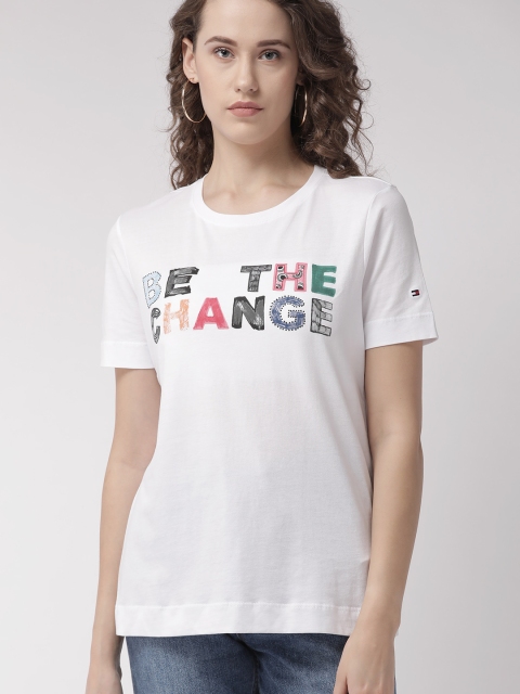 

Tommy Hilfiger Women White & Charcoal Grey Printed Round Neck T-shirt