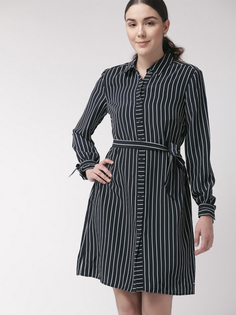 

Tommy Hilfiger Women Navy Blue & White Striped Shirt Dress With Belt