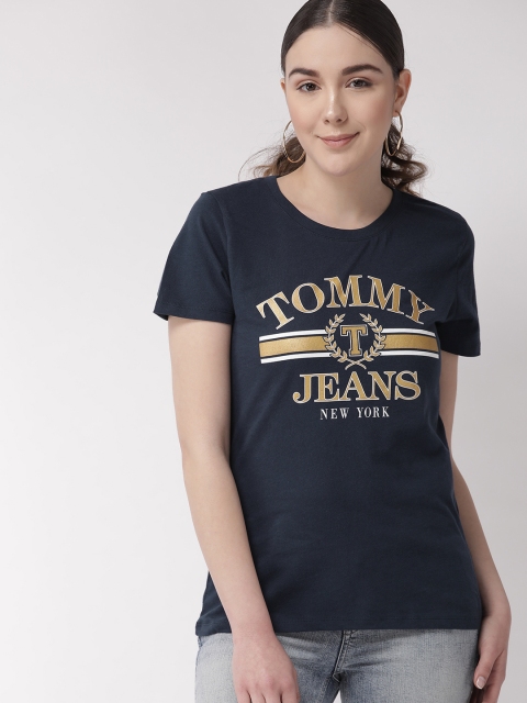 

Tommy Hilfiger Women Navy Blue & Golden Printed Round Neck T-shirt