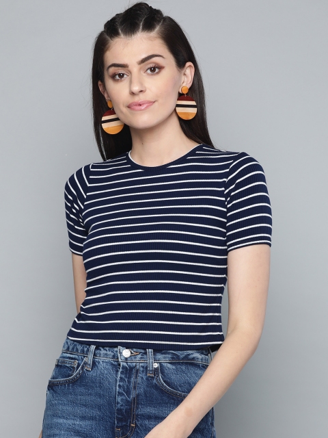 

VividArtsy Women Navy Blue & White Striped Fitted Crop Top