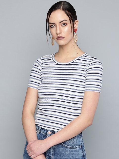 

VividArtsy Women White Blue Striped Fitted Crop Top