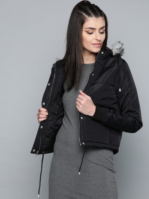 

VividArtsy Women Solid Hooded Parka Jacket, Black