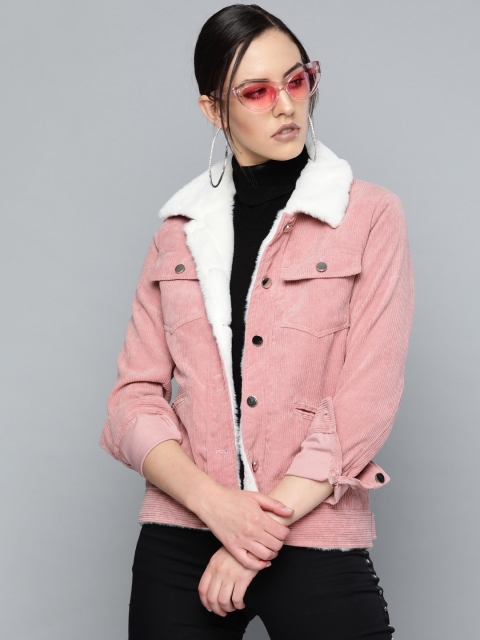 

VividArtsy Women Pink Solid Corduroy Tailored Jacket