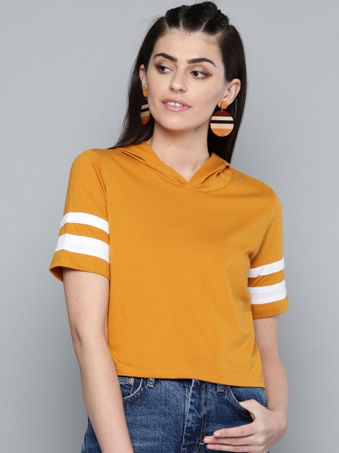 

VividArtsy Women Mustard Yellow Solid Hooded T-shirt