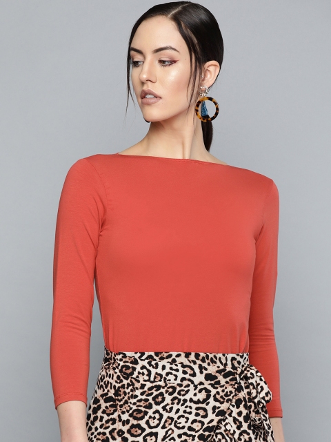 

VividArtsy Women Rust Red Solid Boat Neck T-shirt