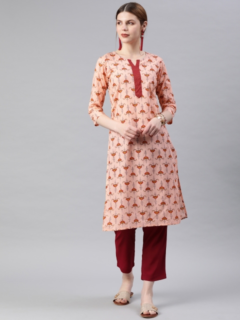 

Anubhutee Women Peach-Coloured Printed Straight Kurta
