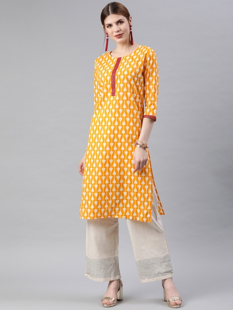 

Anubhutee Women Mustard Yellow & White Printed Straight Kurta