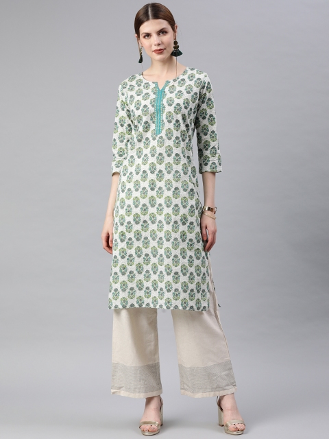 

Anubhutee Women White & Green Printed Straight Kurta