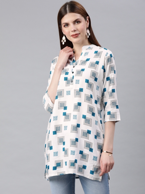 

Anubhutee Women White & Teal Blue Printed Kurti