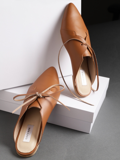 

OCEEDEE Women Tan Brown Solid Leather Mules