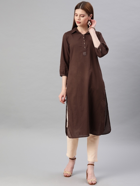 

Jaipur Kurti Women Brown & Cream-Coloured Solid Kurta with Trousers