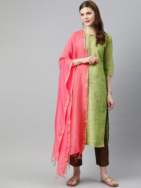 

Jaipur Kurti Women Lime Green & Brown Yoke Design Kurta with Trousers & Dupatta
