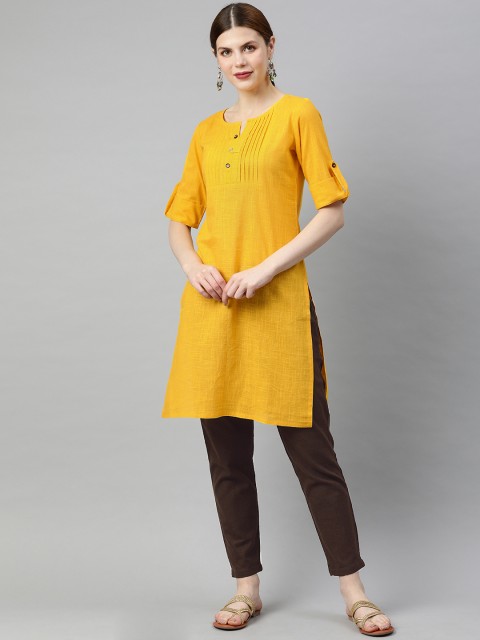 

Jaipur Kurti Women Mustard Yellow & Brown Solid Kurta with Trousers